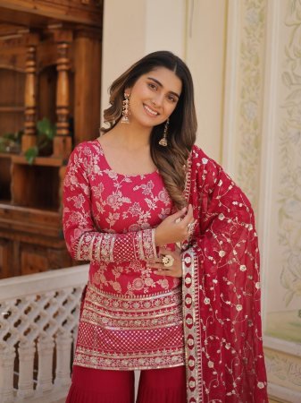 Rani Pink Viscose Jacquard Gharara Suit With Sequence  Work