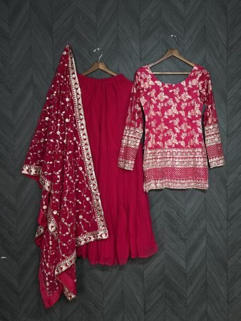 Rani Pink Viscose Jacquard Gharara Suit With Sequence  Work