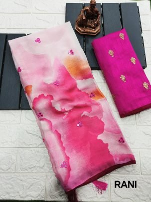 Rani Shibori Printed Chiffon Saree With Mirror Work