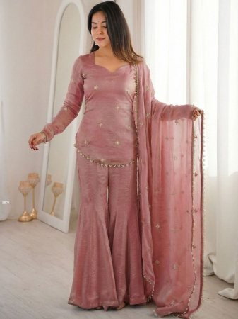 Ratro Style Peach Embroidered Sharara Palazzo Suit 