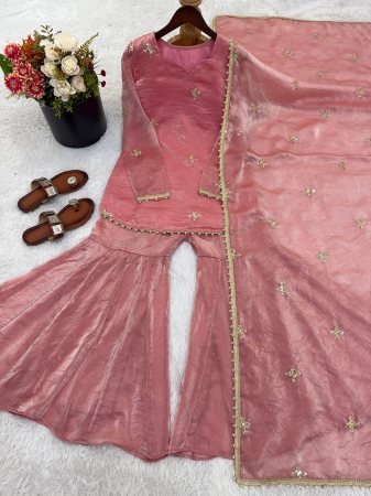 Ratro Style Peach Embroidered Sharara Palazzo Suit