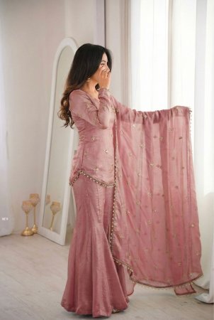 Ratro Style Peach Embroidered Sharara Palazzo Suit