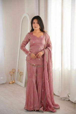 Ratro Style Peach Embroidered Sharara Palazzo Suit