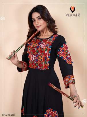 Rayon Anarkali Black Color Kurtis with Gamthi Work
