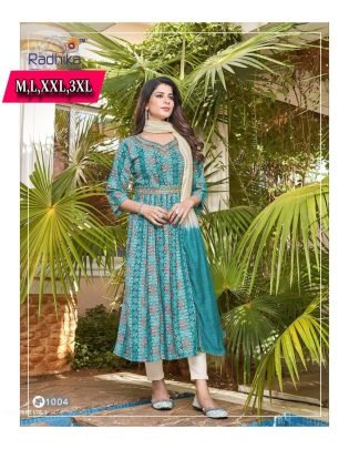 Rayon foil print with embroidery work kurti pant set with dupatta