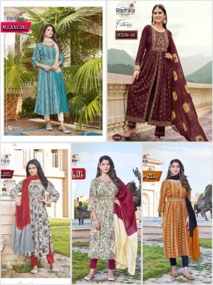 Rayon foil print with embroidery work kurti pant set with dupatta