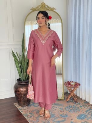 Rayon Gajri Neck Embroidered Kurti Pant Set