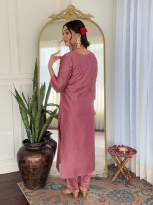 Rayon Gajri Neck Embroidered Kurti Pant Set