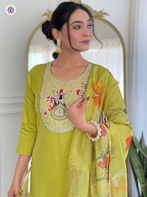 Rayon Light Greeen Embroidery Work Kurti Pant Dupatta Set
