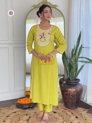 Rayon Light Greeen Embroidery Work Kurti Pant Dupatta Set