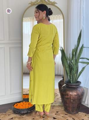 Rayon Light Greeen Embroidery Work Kurti Pant Dupatta Set