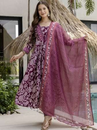 Rayon Printed Flared Kurta with Pant And Dupatta
