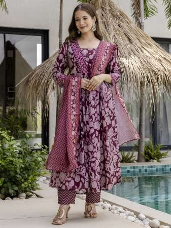 Rayon Printed Flared Kurta with Pant And Dupatta
