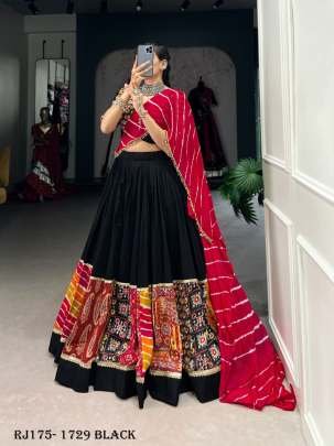 Rayon Printed with Gamthi Work Black Authentic Gujarati Navratri Chaniya Choli