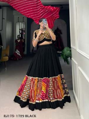 Rayon Printed with Gamthi Work Black Authentic Gujarati Navratri Chaniya Choli