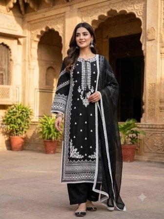 Rayon Satin Three Piece  Black Pakistani Suit Set