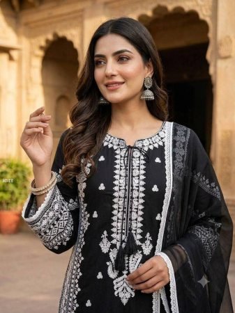 Rayon Satin Three Piece  Black Pakistani Suit Set