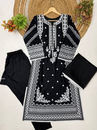 Rayon Satin Three Piece  Black Pakistani Suit Set