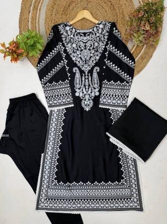 Rayon Satin Three Piece  Black Pakistani Suit Set