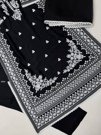 Rayon Satin Three Piece  Black Pakistani Suit Set
