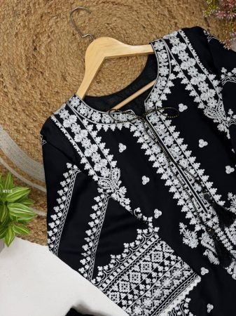 Rayon Satin Three Piece  Black Pakistani Suit Set