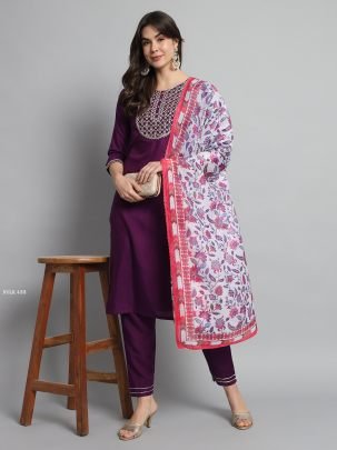 Rayon Slub Wine Embroidered Kurti Pant WIth Printed Dupatta
