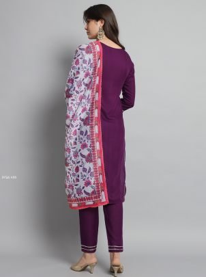 Rayon Slub Wine Embroidered Kurti Pant WIth Printed Dupatta