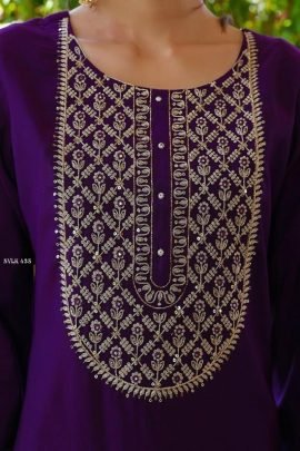 Rayon Slub Wine Embroidered Kurti Pant WIth Printed Dupatta