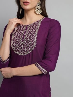 Rayon Slub Wine Embroidered Kurti Pant WIth Printed Dupatta