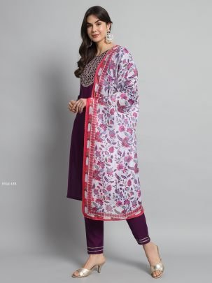Rayon Slub Wine Embroidered Kurti Pant WIth Printed Dupatta
