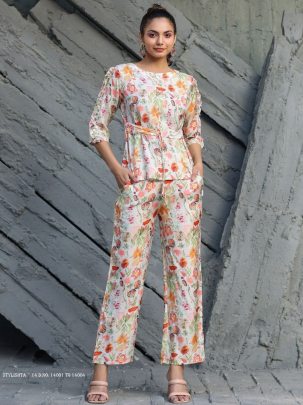 Ready Made Digital Printed Cotton Co Ord Set in Off White color 