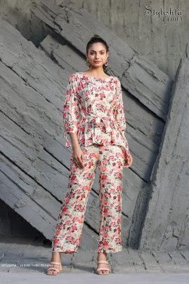 Ready Made Digital Printed Cotton Co Ord Set in Off White color