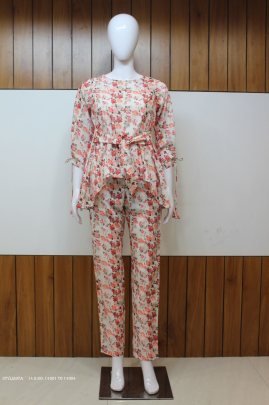 Ready Made Digital Printed Cotton Co Ord Set in Off White color