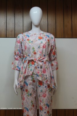 Ready Made Digital Printed Cotton Co Ord Set in Off White color