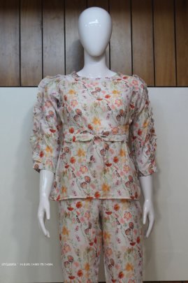 Ready Made Digital Printed Cotton Co Ord Set in Off White color