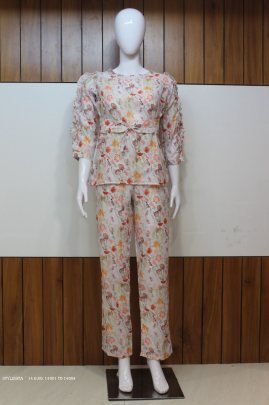Ready Made Digital Printed Cotton Co Ord Set in Off White color