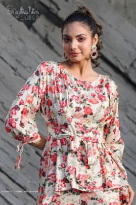 Ready Made Digital Printed Cotton Co Ord Set in Off White color