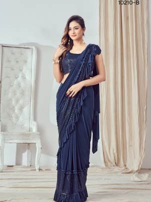 Ready To Wear Blue  Lycra Saree with Ruffle Border