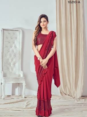 Ready To Wear Red Lycra Saree with Ruffle Border 