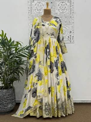 Ready To Wear Wedding Alia Cut Chinon Silk Gown Dupatta Set