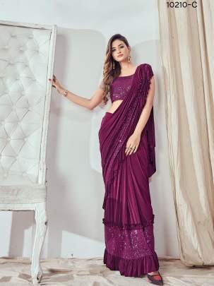 Ready To Wear Wine Lycra Saree with Ruffle Border