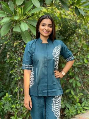 Readymade Co-Ord Set with Sea Blue Cotton Print for Trendy Party Wear