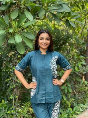 Readymade Co-Ord Set with Sea Blue Cotton Print for Trendy Party Wear