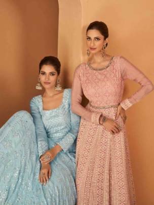 real georgette anarakali suit with embroidery work aarya catalog by sayuri designer