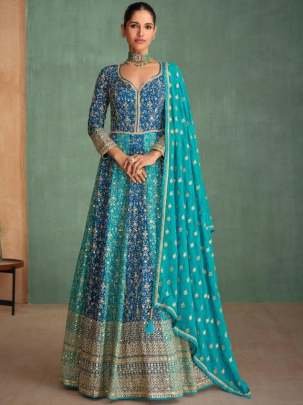 Real Georgette Rama Colour Arakali Style Gown With Dupatta