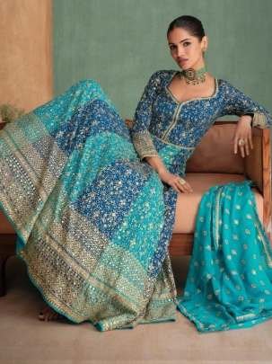 Real Georgette Rama Colour Arakali Style Gown With Dupatta