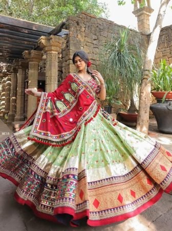 Real Mirror Work Digital Printed Pista Lehenga for Navratri 2026