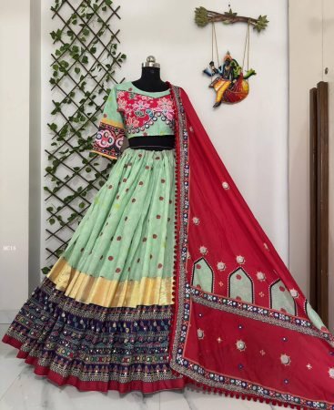 Real Mirror Work Digital Printed Pista Lehenga for Navratri 2026