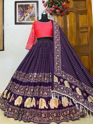 Real Mirror Work Digital Print Butter Silk Purple Lehenga Choli