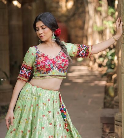 Real Mirror Work Digital Printed Pista Lehenga for Navratri 2026